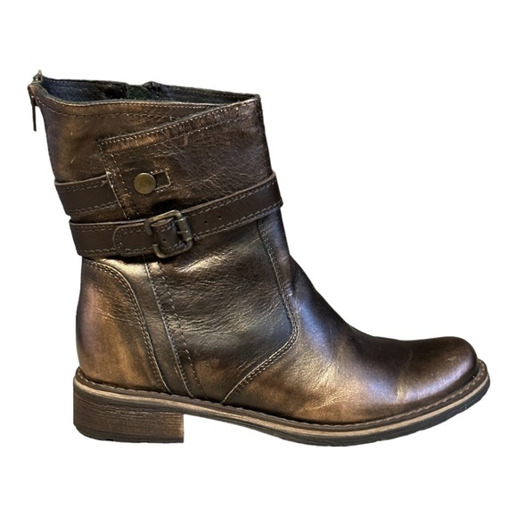 V-Italia Bronze Metallic Leather Moto Boots Women’s 7 EU 38 Mid Calf Buckle Zip - Picture 6 of 13